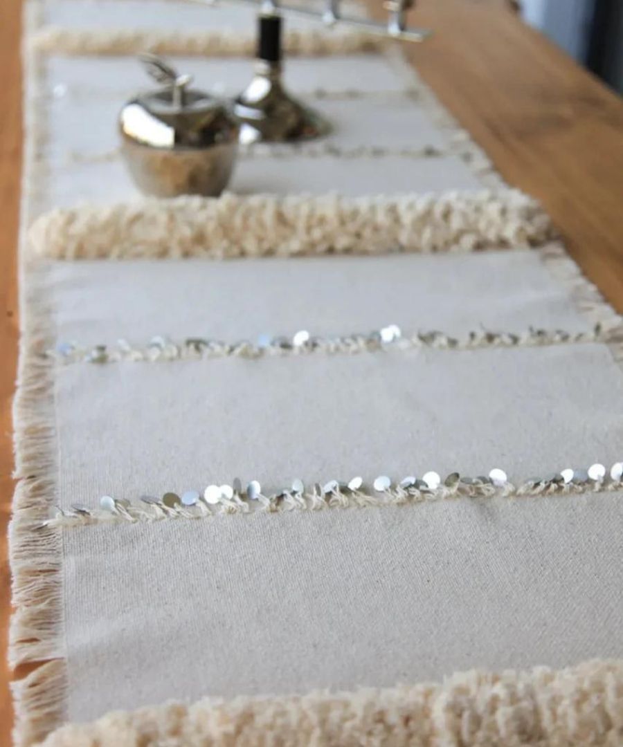 Menara Handmade 40x170 Silver Sequins Boho Table Runner