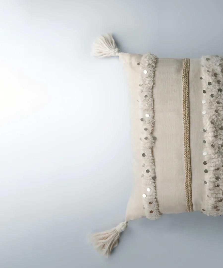 Menara Handmade 40x60 Silver Sequins Linen Throw Pillow Case