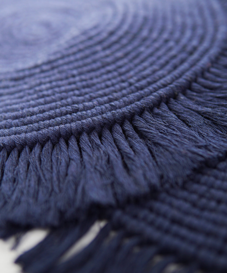 M'Goun Handmade Cotton Navy Blue Fringed Round Placemat