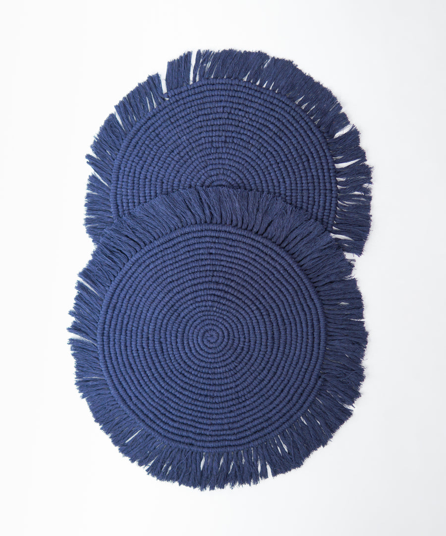 M'Goun Handmade Cotton Navy Blue Fringed Round Placemat